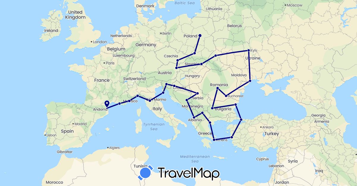 TravelMap itinerary: driving in Albania, Austria, Bosnia and Herzegovina, Bulgaria, Czech Republic, France, Greece, Croatia, Italy, Macedonia, Poland, Romania, Serbia, Slovenia, Slovakia, Turkey, Ukraine (Asia, Europe)